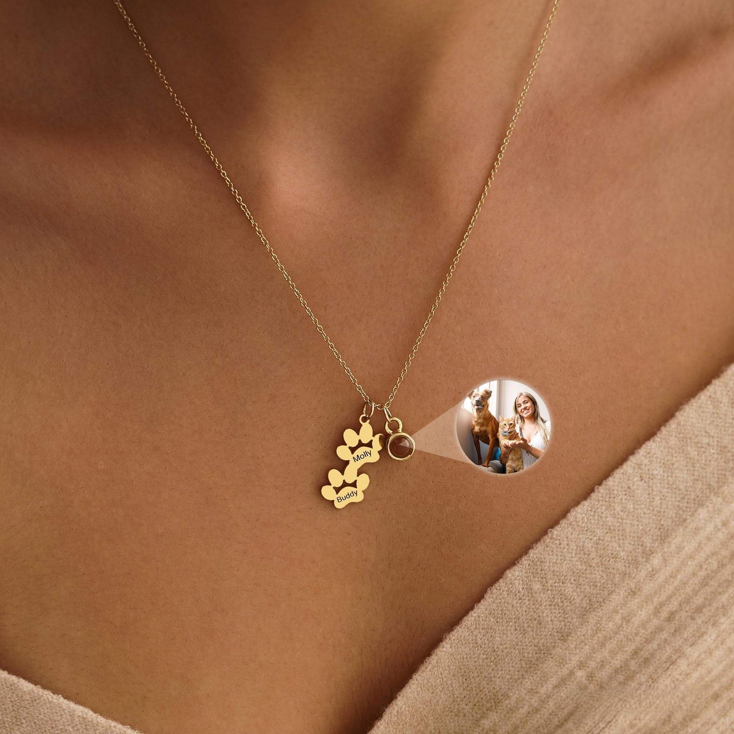 Personalized Paw Name Projection  Necklace